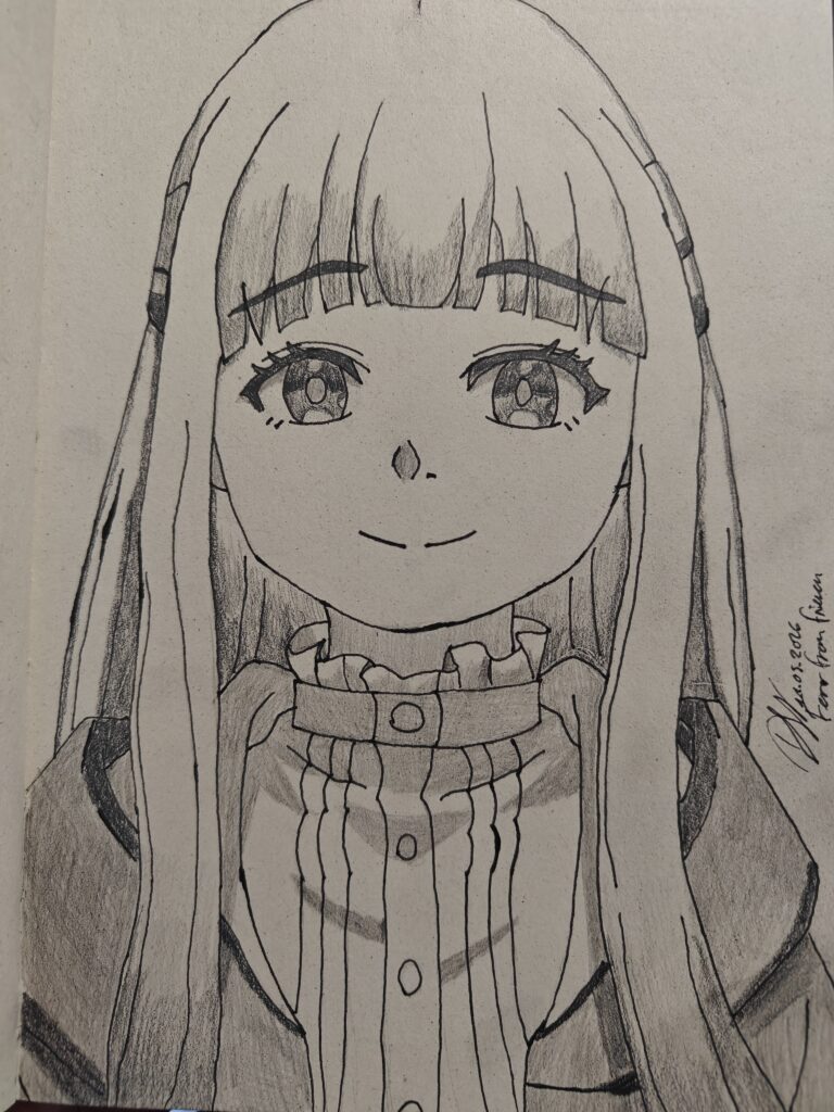 and-drawn pencil sketch of Fern from the anime Frieren: Beyond Journey's End in a sketchbook, showing clean linework and shading.